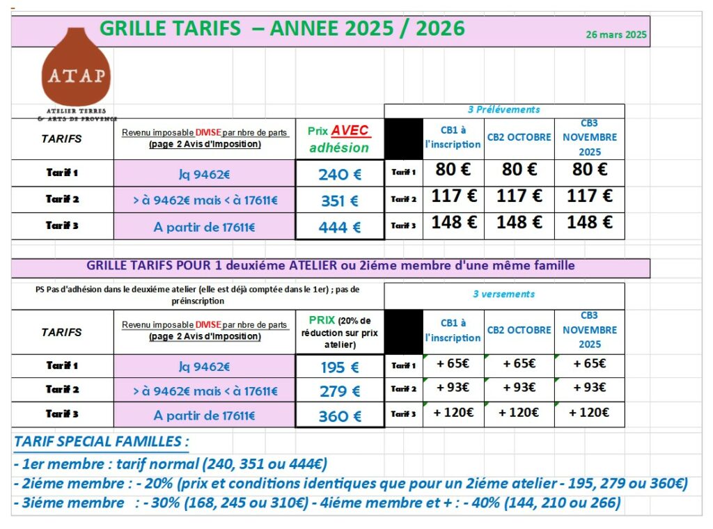 Les tarifs 2025/26